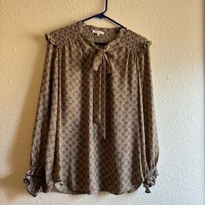 Max Studio Taupe Geometric Tie-Neck Blouse